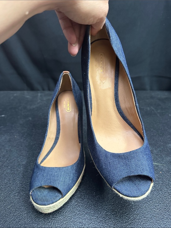 Coach Shoes - Coach Navy Denim Espadrille Wedges with Tan Leather Trim